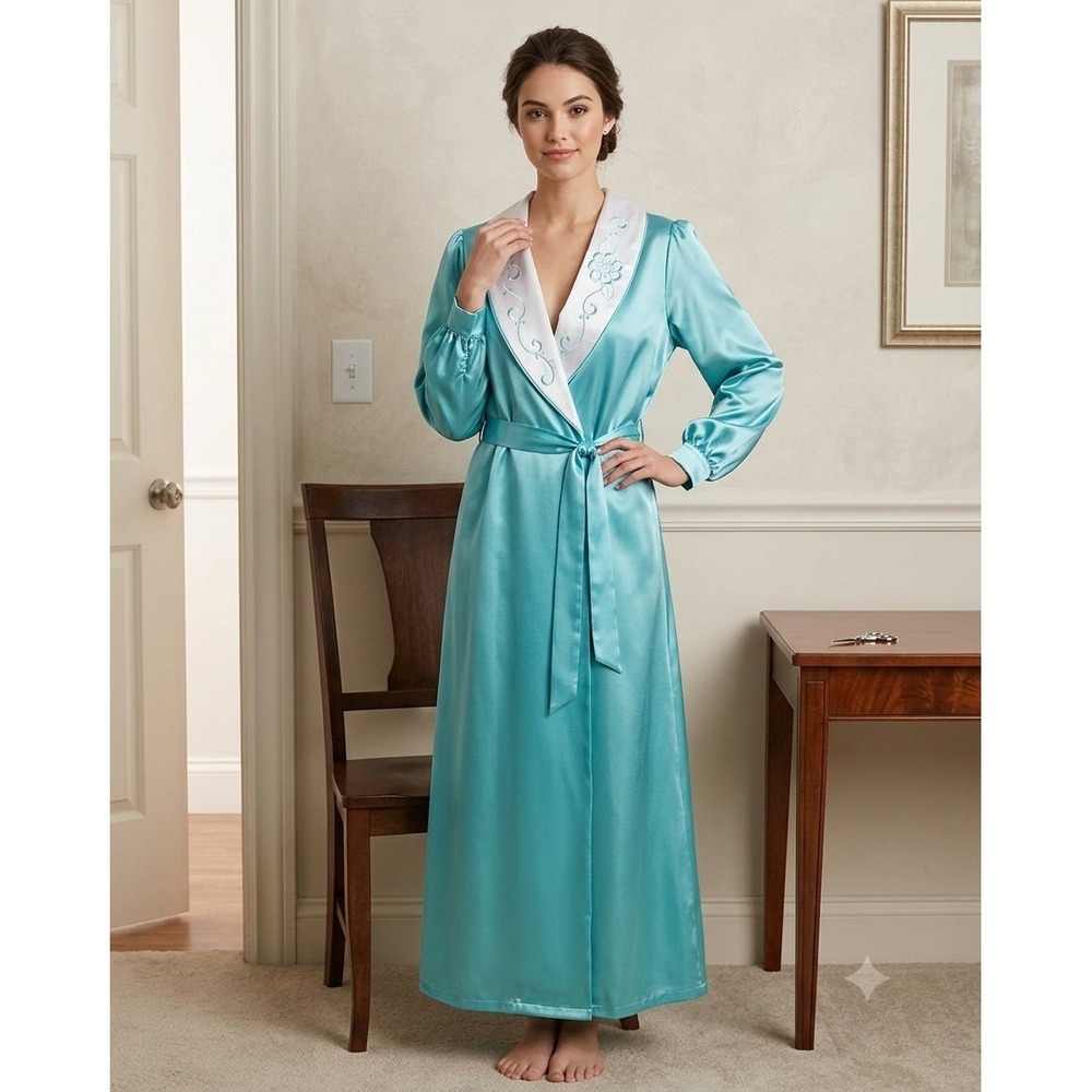 Vtg JC Penney Satin Robe Women's‎ Med Teal Blue Floral Embroidered Lounge Gown